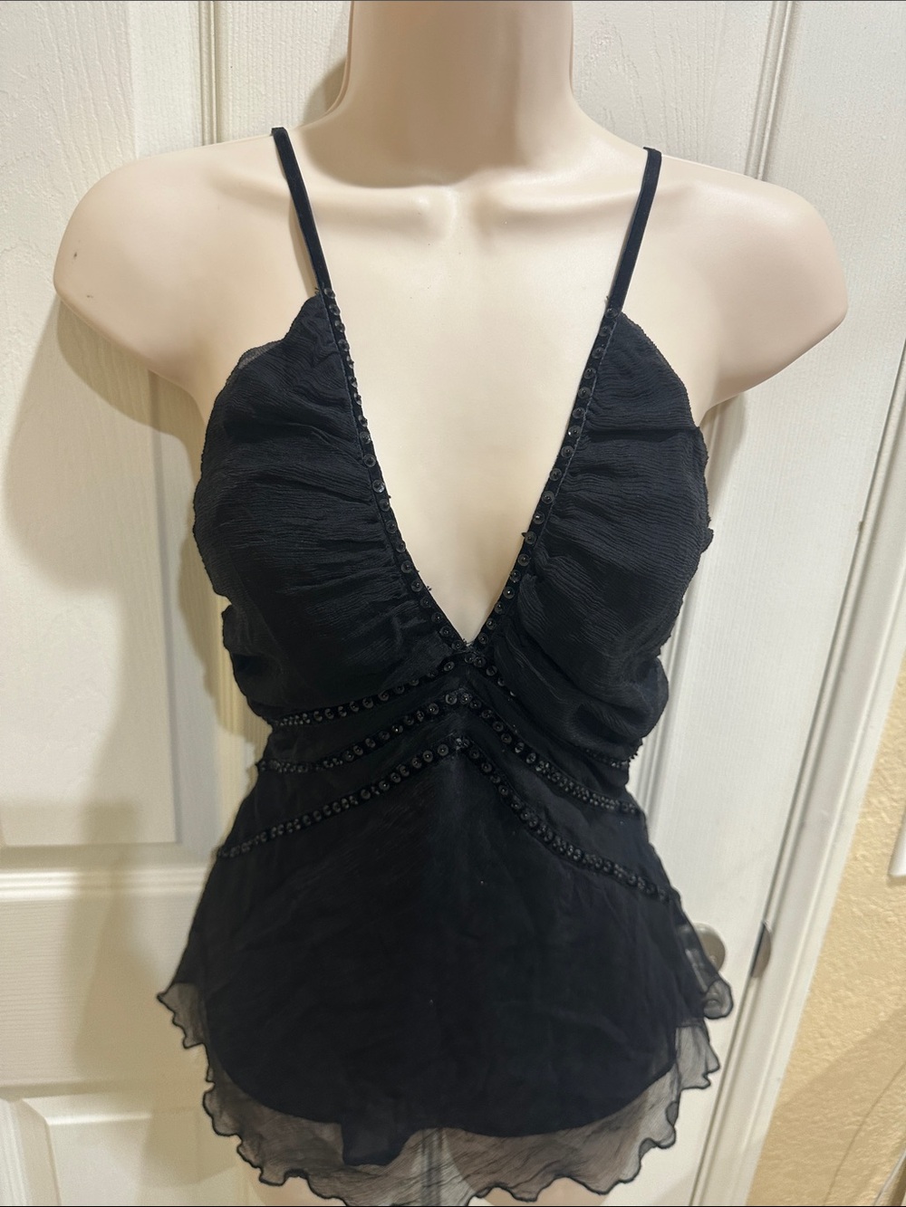 Elegant Black Beaded V-Neck Spaghetti Strap Camisole 100% silk size small - Picture 4 of 6